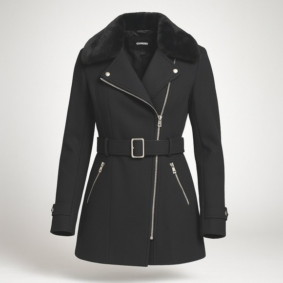 Express XS Wool Blend Moto Coat Faux Fur Collar Belted Black Jacket NWT